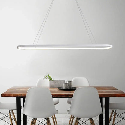 Modern white led ellipse hanging lamp with sleek elongated oval design suspended by thin cables for dining table lighting