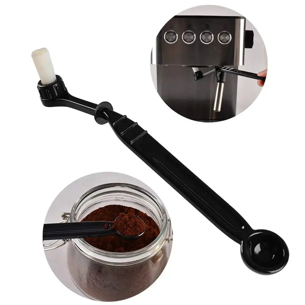 Black plastic coffee scoop with white handle and measurement markings for decorbites espresso machine brush cleaning tool