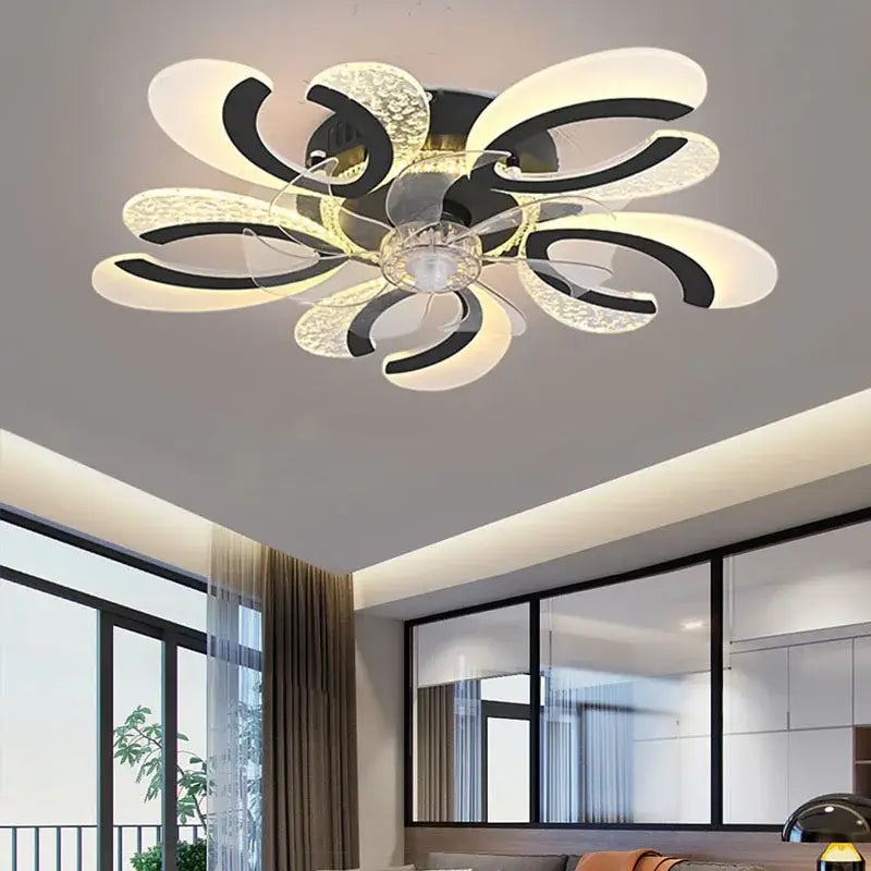 Modern black and white floral ceiling fan light with illuminated translucent petal-like blades for living room use