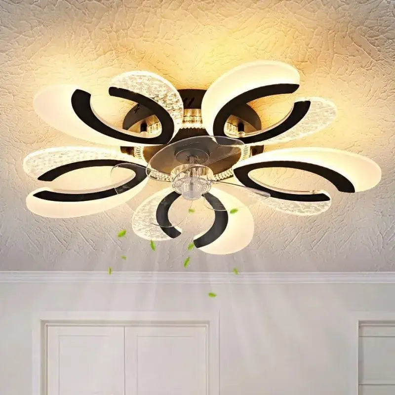 Modern black and white floral ceiling fan light with acrylic petals crystal accents and brass motor for living room use
