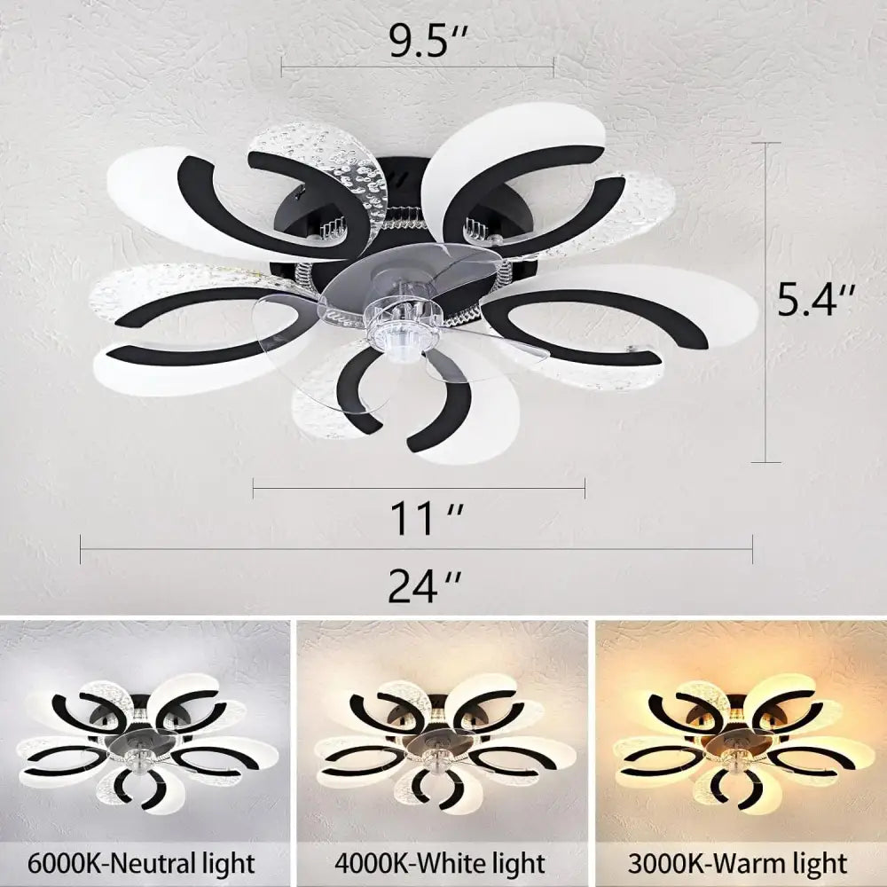 Modern black and white floral ceiling fan light with clear crystal accents for living room led fan light