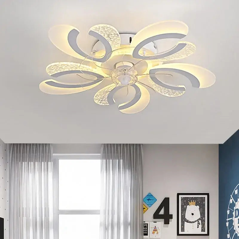 Modern black and white floral ceiling fan light with translucent petal arms emitting warm glow for living room use