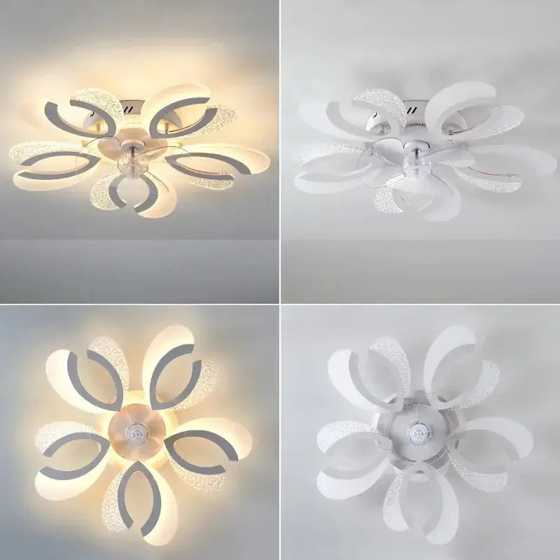 Modern black and white floral ceiling fan light with translucent petal shades and central led bulb for living room use