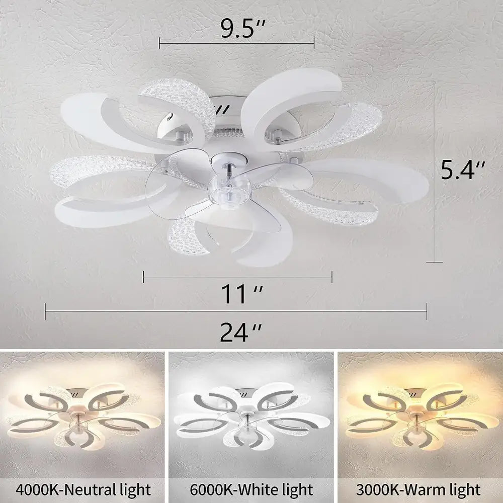 Modern black and white floral ceiling fan light with white flower-shaped design and crystal accents for living room use