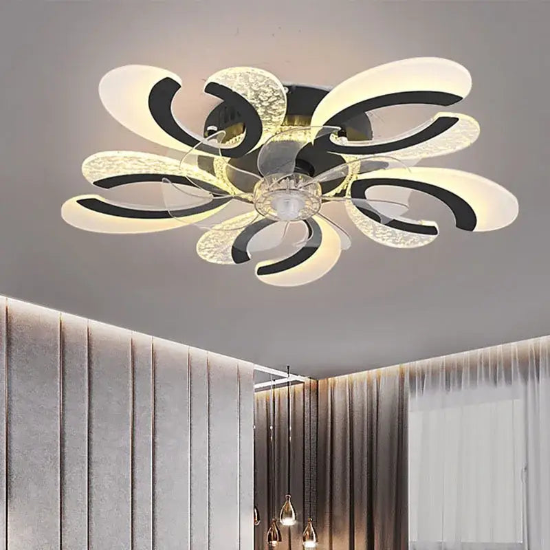 Modern black and white floral ceiling fan light with integrated led lighting for living room ceiling fan use