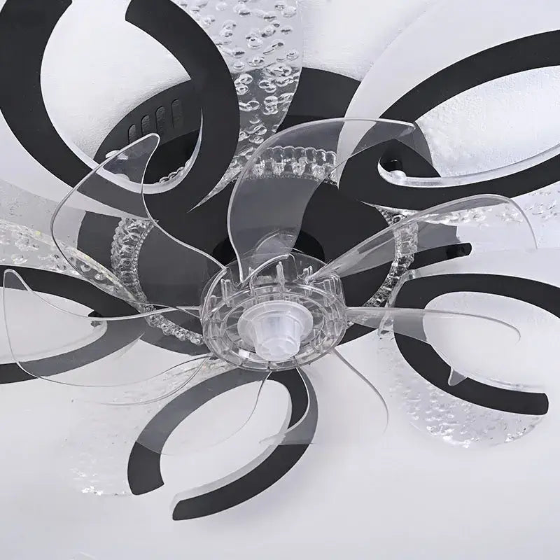 Modern black and white floral ceiling fan light with clear acrylic blades and crystal hub for living room fan light