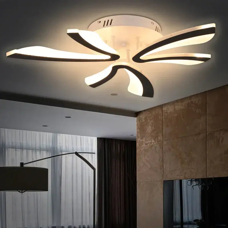 Modern black and white flower led chandelier with sleek curved black and white acrylic blades decorbites led chandelier