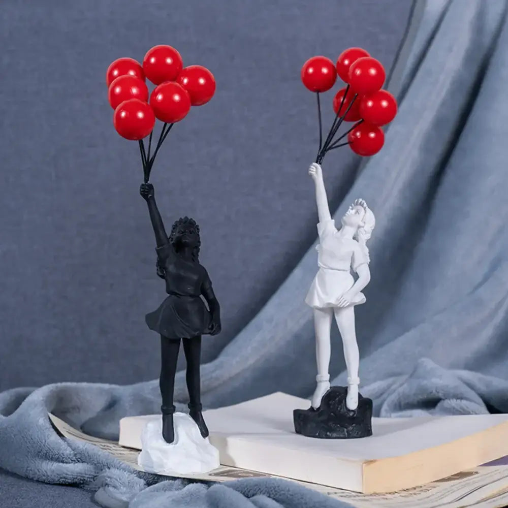 Modern black and white flying love balloon girl sculpture with glossy red balloons for living room decorbites flying love decor