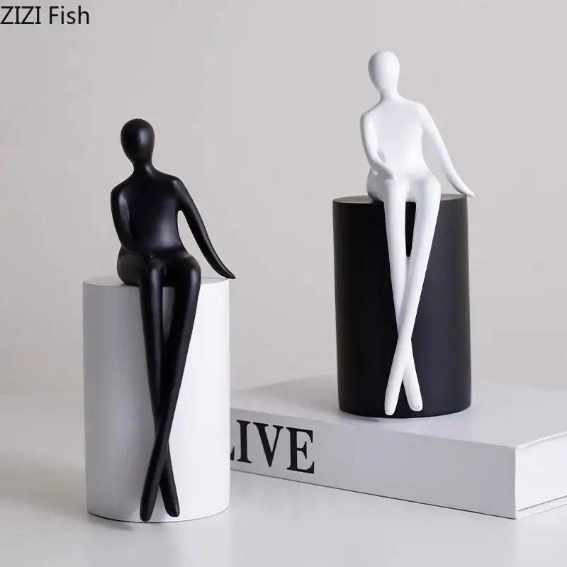 Black and white abstract human figurines with geometric base character design for modern living room decorbites decor