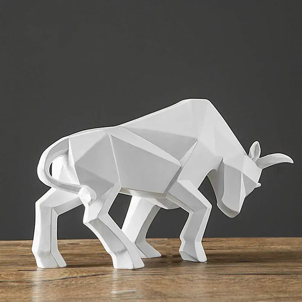 White angular faceted bull sculpture by decorbites geometric bull for modern black and white living room decor