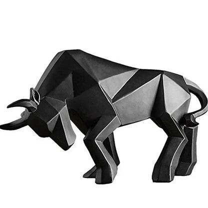 Modern black geometric bull sculpture with angular faceted design and metallic finish for living room decor by decorbites