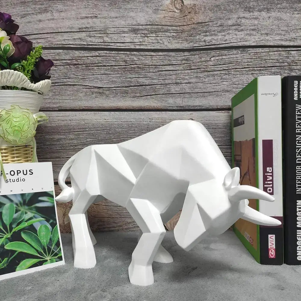 Modern black and white geometric bull sculpture with angular faceted design and smooth surface for living room decorbites decor