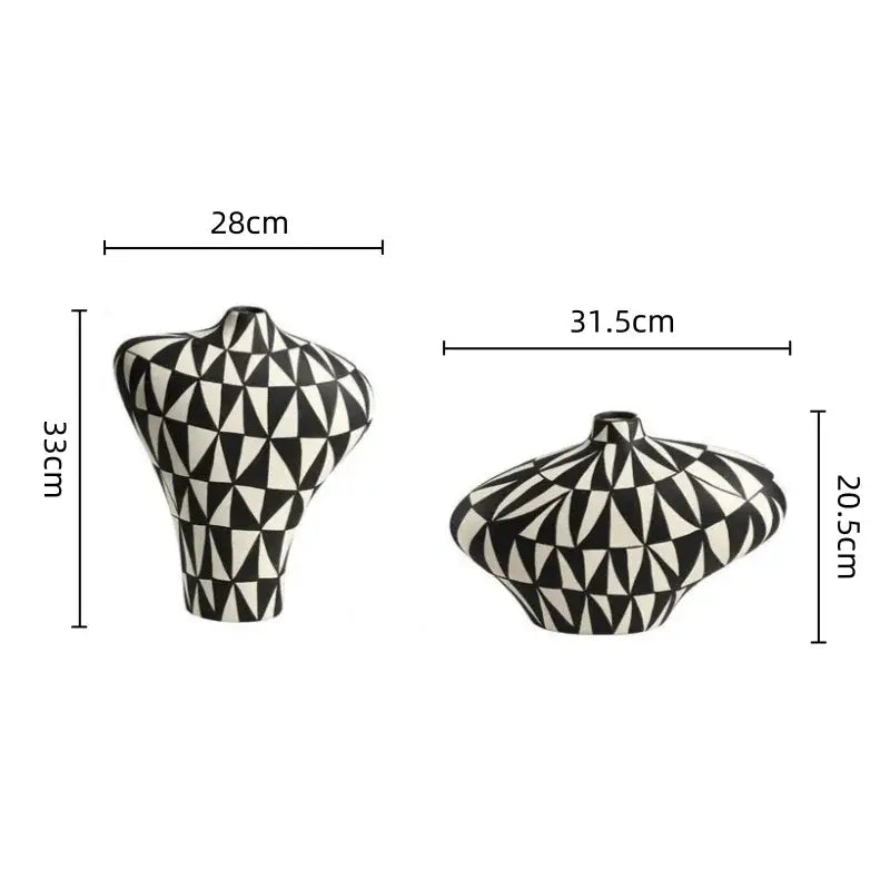 Two black and white geometric diamond ceramic vases with abstract modern design for living room decorbites decor