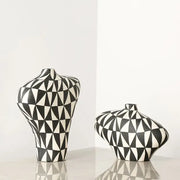 Two black and white geometric diamond ceramic vases with modern abstract design for living room decorbites decor