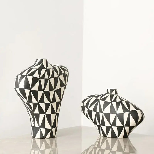 Two black and white geometric diamond ceramic vases with modern abstract design for living room decorbites decor