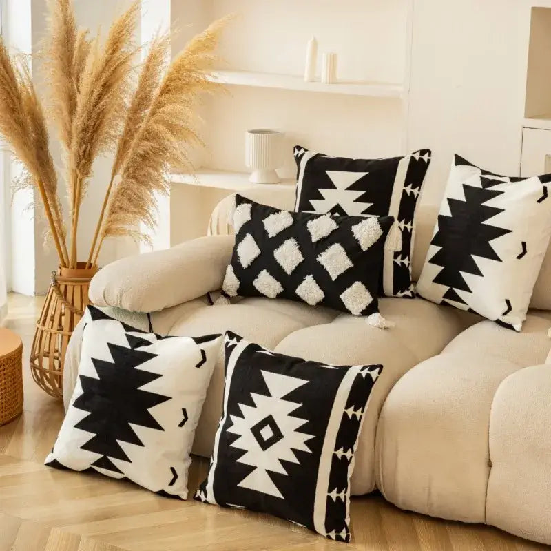 Modern black and white geometric embroidered cushion cover with textured throw pillows for living room decor