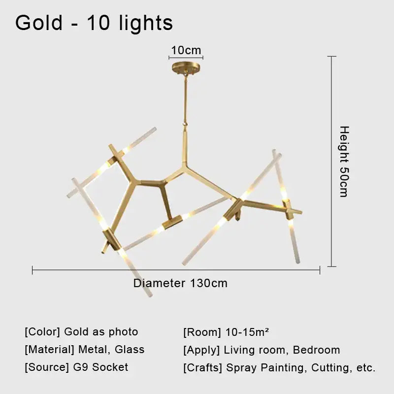 Modern black and white geometric glass led chandelier ceiling light with gold-colored metal arms and ten illuminated glass rods