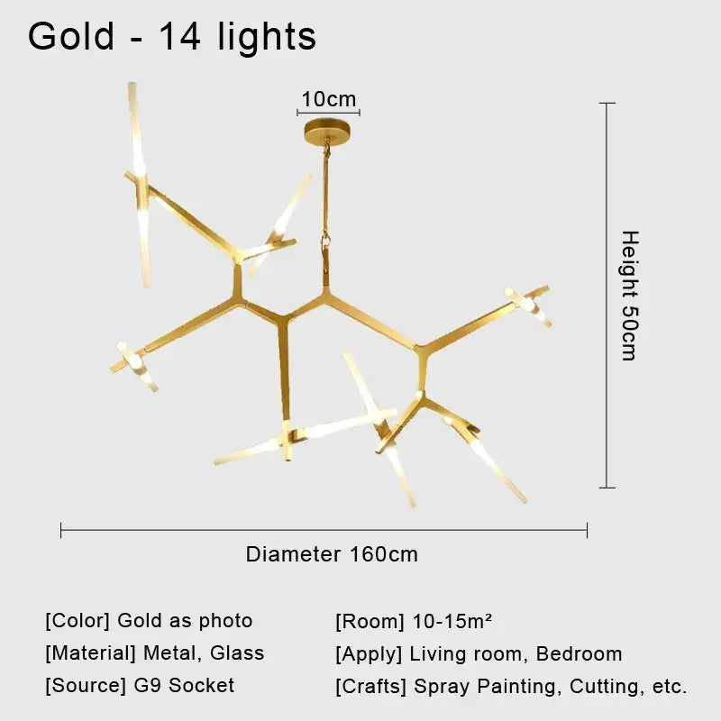 Gold-colored modern glass led chandelier with 14 lights and geometric branch design for living room ceiling light