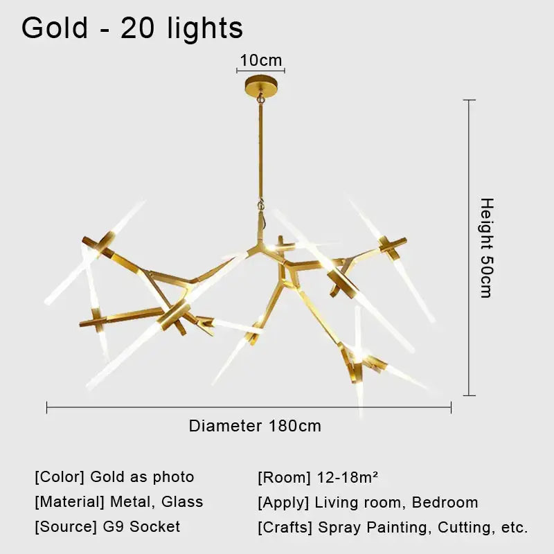 Gold-colored modern glass led chandelier with metallic frame and glass light fixtures for living room ceiling light