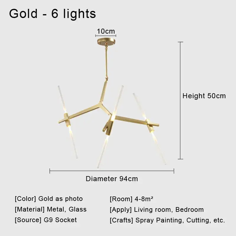 Gold-colored modern glass led chandelier with six illuminated arms and metal frame ceiling light for living room