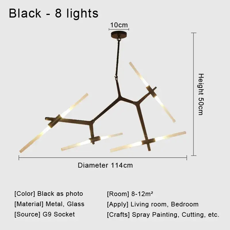 Modern black and white geometric glass led chandelier with eight illuminated rods metal frame ceiling light for living room