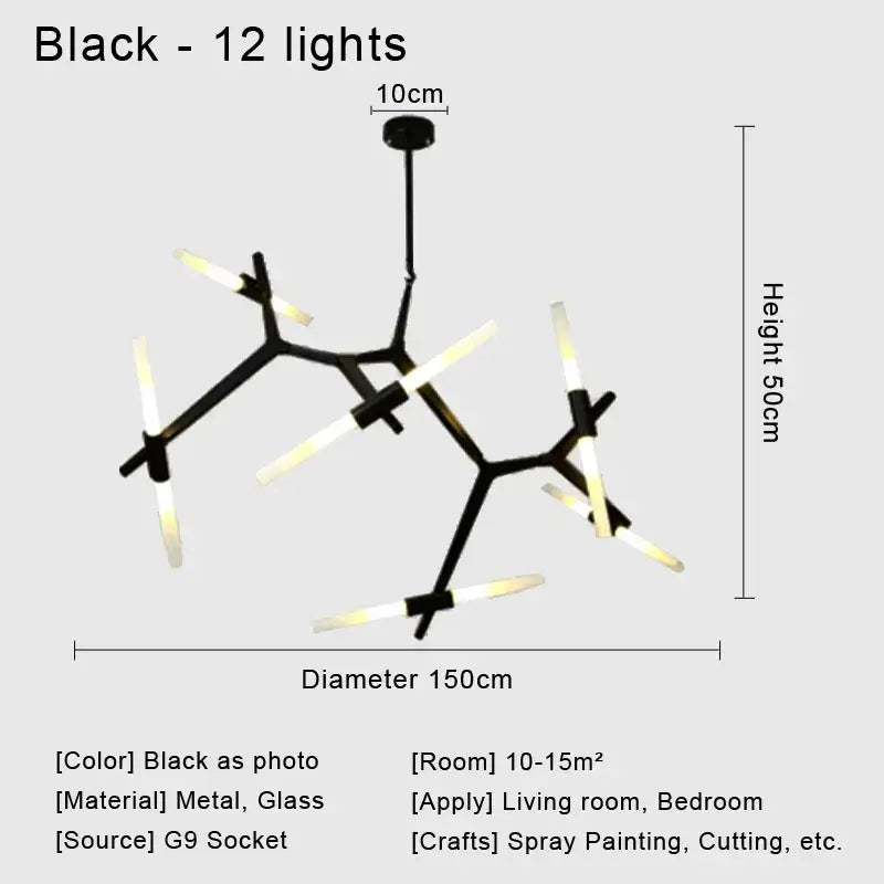 Modern black glass led chandelier with 12 illuminated glass rods and metal frame ceiling light for living room