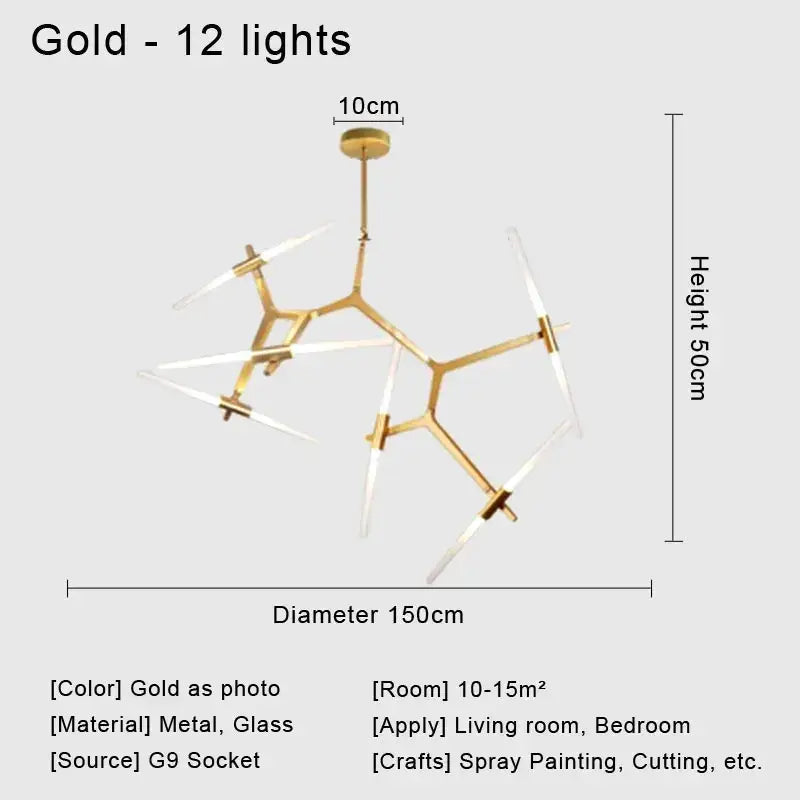Gold modern ceiling light with 12 clear glass led chandelier arms and metallic frame for living room lighting