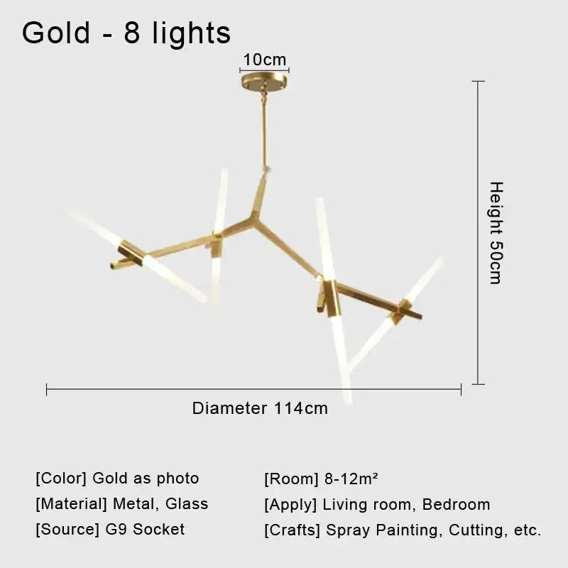 Gold-colored modern ceiling light with eight frosted glass led fixtures and metal frame for living room use