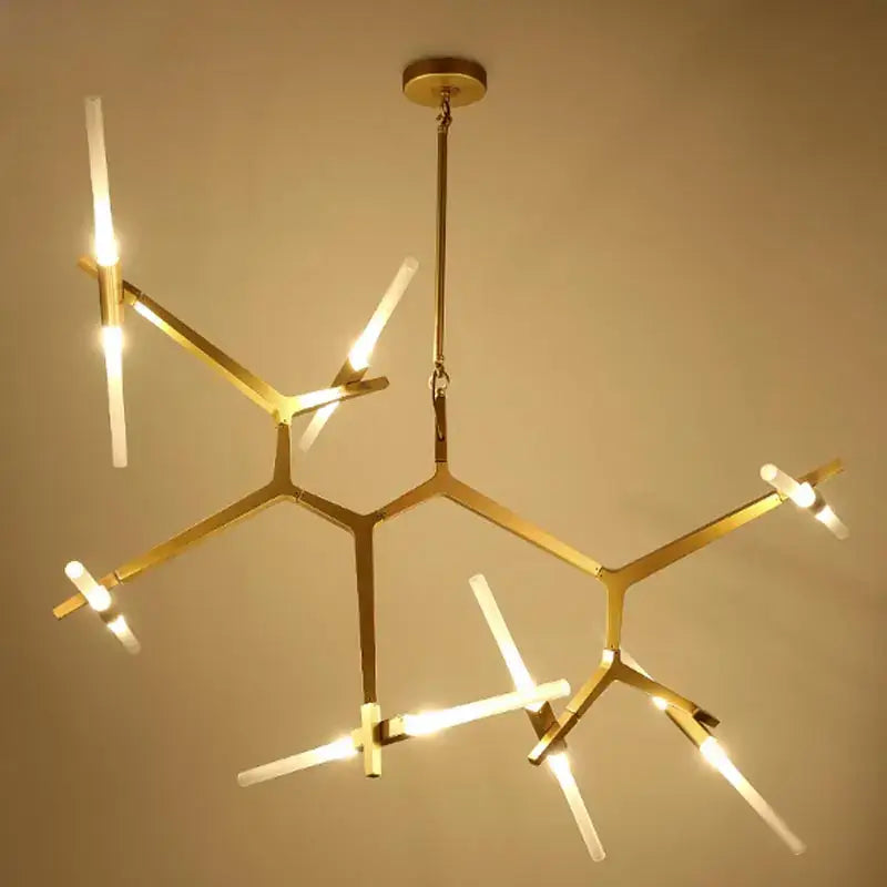 Modern gold-toned glass led chandelier with geometric branch-like arms and frosted glass ceiling light fixture for living room