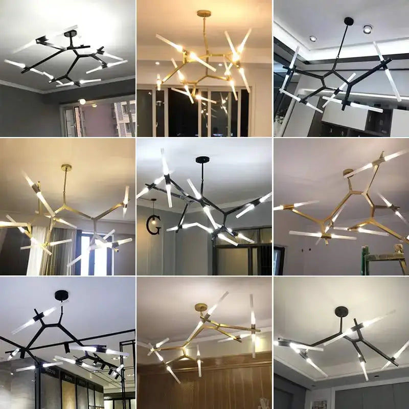 Modern black and white geometric glass led chandelier ceiling light with black and gold metallic arms and illuminated led bars