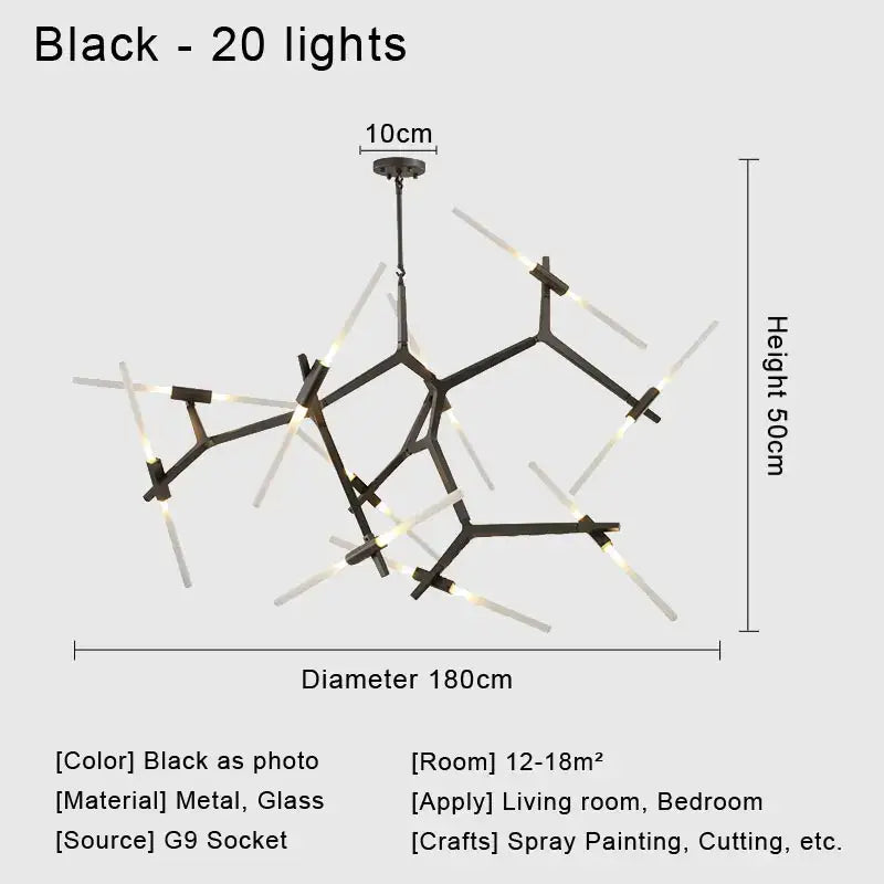 Modern black and white geometric glass led chandelier with 20 illuminated glass rods and metal arms ceiling light