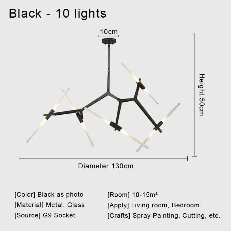 Modern black glass led chandelier with ten illuminated rods and metal frame ceiling light for living room use
