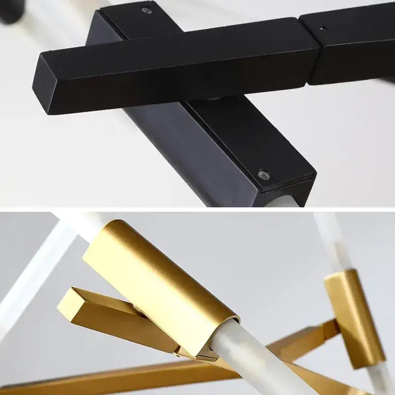Modern black and white geometric glass led chandelier with black and gold metal arms and white marble rods ceiling light