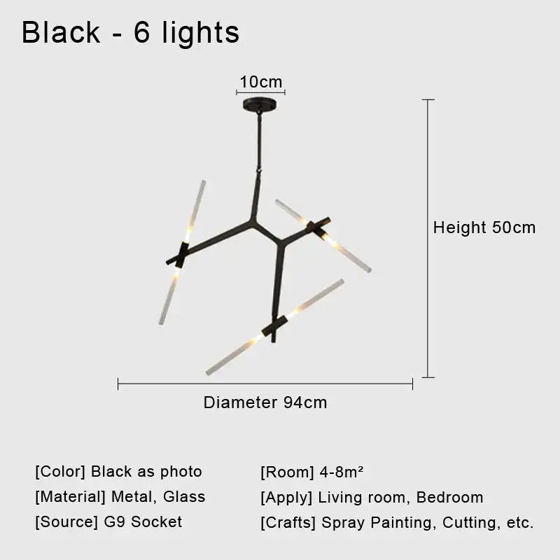 Modern black and white geometric glass led chandelier ceiling light with six illuminated glass rods for living room use