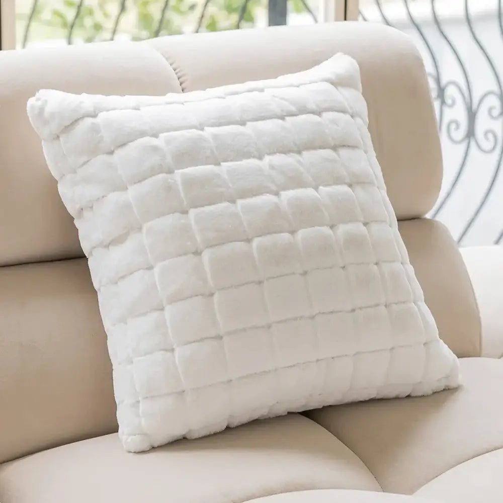 White plush quilted throw pillow with soft fuzzy texture and square grid stitching for decorbites geometric jacquard cushion cover