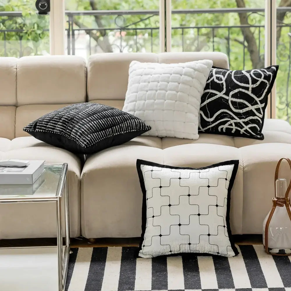 Modern black and white geometric jacquard cushion cover with bold pattern for living room decorbites cushion cover