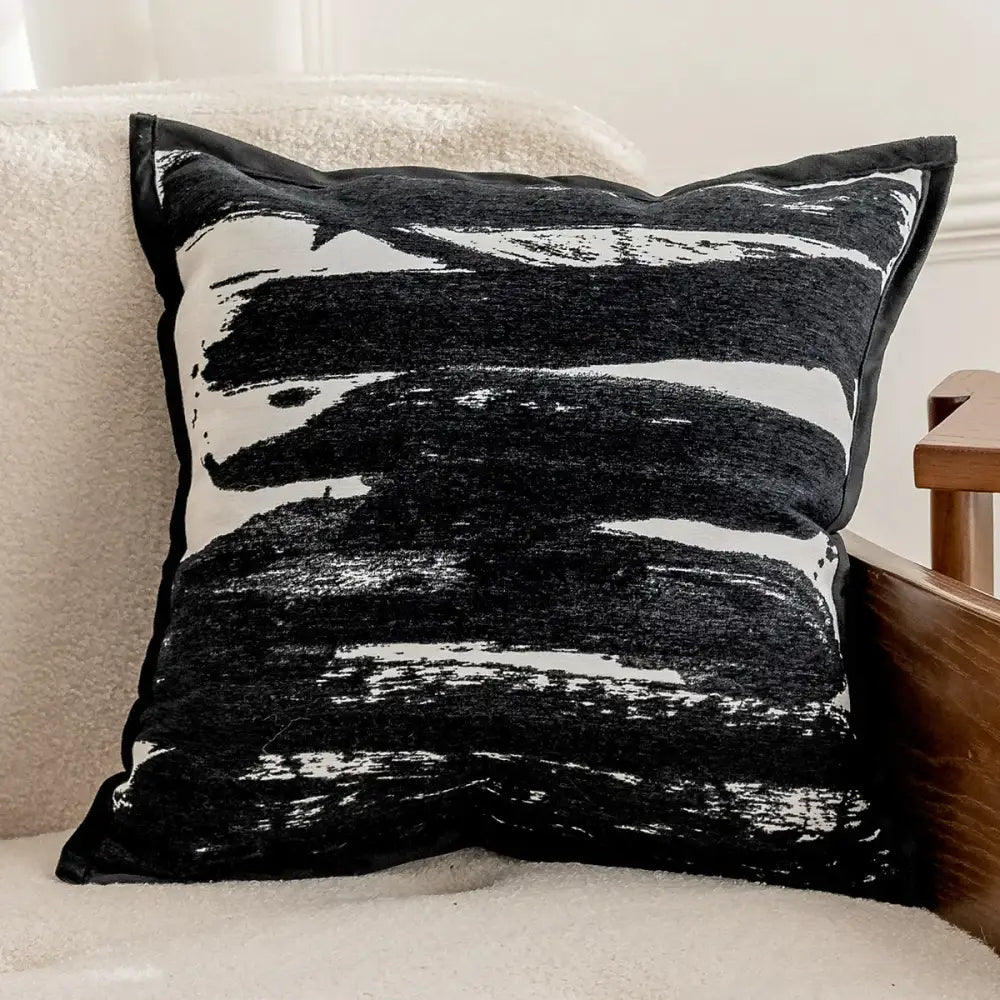 Modern black and white geometric jacquard cushion cover with abstract brushstroke velvet texture for living room decorbites decor