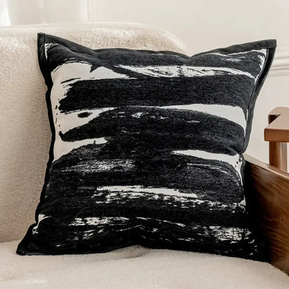 Modern black and white geometric jacquard cushion cover with abstract brushstroke velvet texture for living room decorbites decor