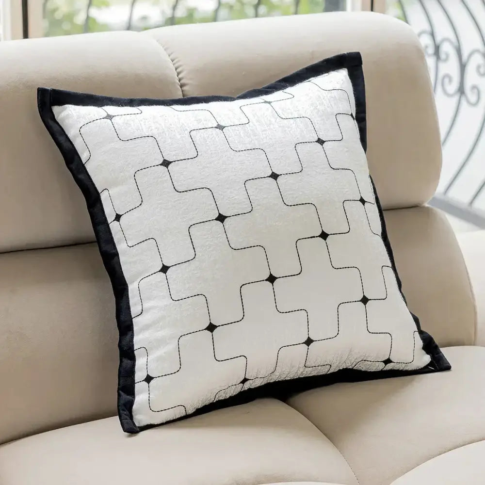 White throw pillow cushion cover with black geometric jacquard crosshatch embroidery and velvet border for living room decor