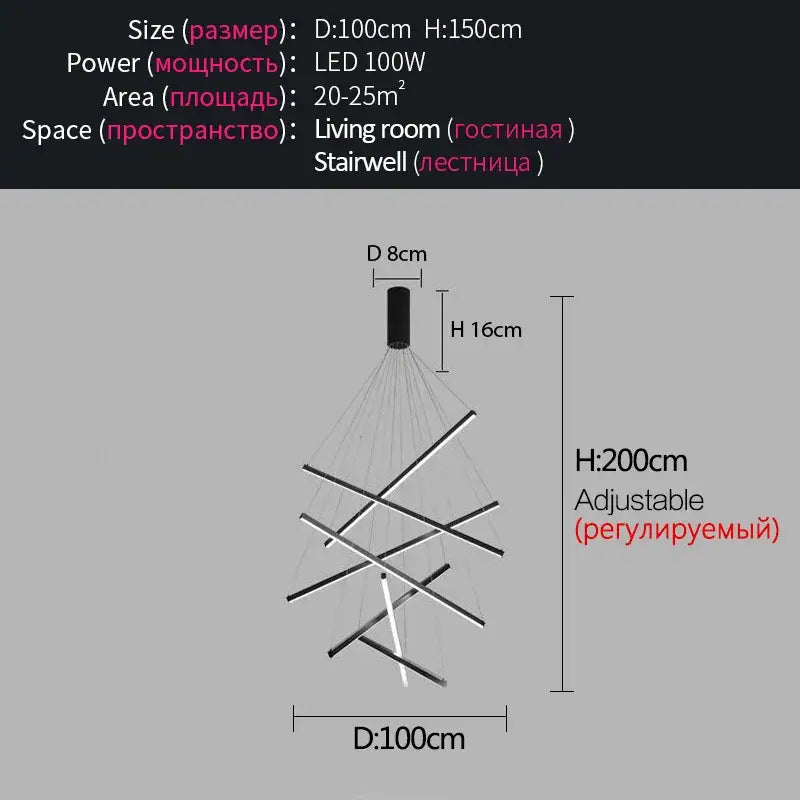 Adjustable modern black and silver geometric ceiling lamp with intersecting rods for bedroom ceiling use