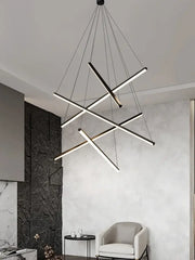 Modern black and white geometric led bedroom ceiling lamp with intersecting light bars suspended by thin cables