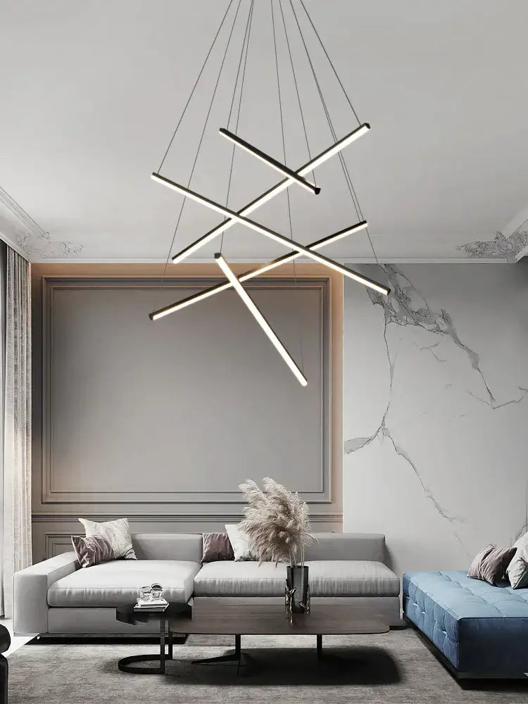 Modern black and white geometric led bedroom ceiling lamp with intersecting linear bars suspended by thin cords ceiling lamp