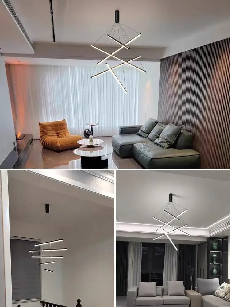 Modern black and white geometric led bedroom ceiling lamp with intersecting white led bars and black mounting hardware ceiling lamp