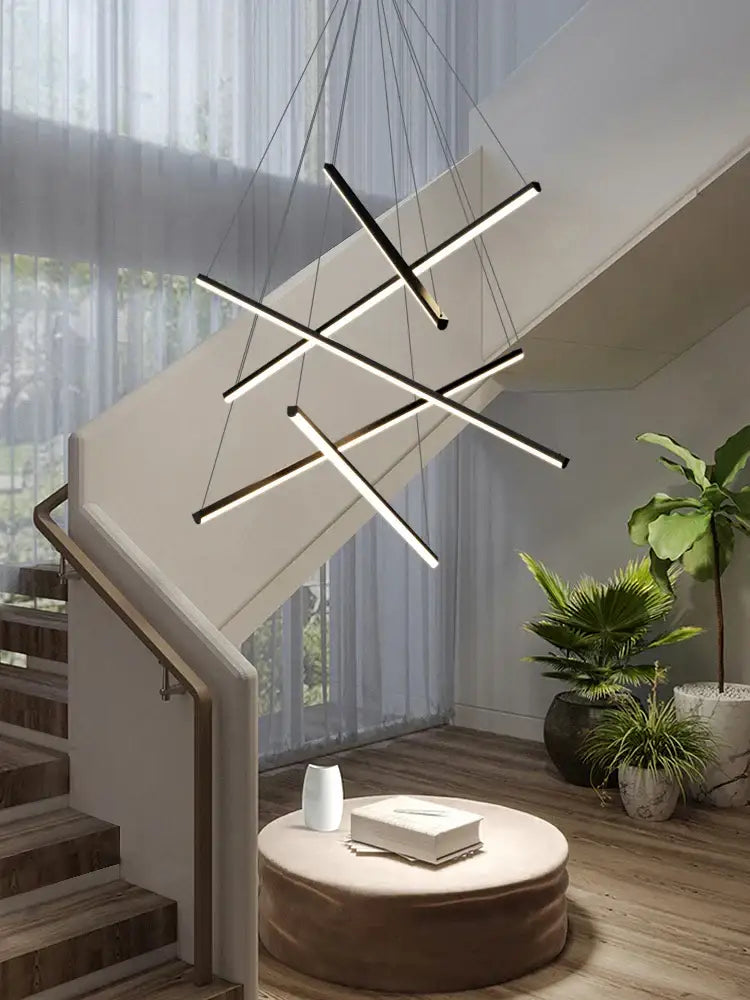 Modern black and white geometric led ceiling lamp with linear pendant lights for bedroom ceiling illumination