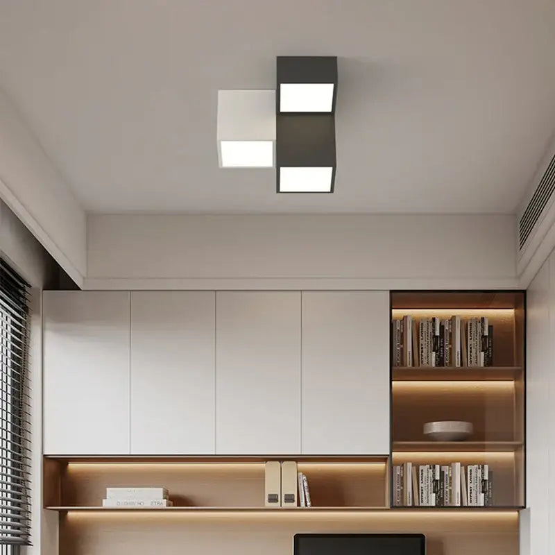 Modern black and white geometric led ceiling light with two illuminated square panels for bedroom decorbites geometric led design