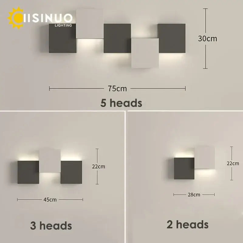 Modern black and white geometric led wall sconce by iisinuo lighting with five matte gray square heads for living room decorbites geometric led