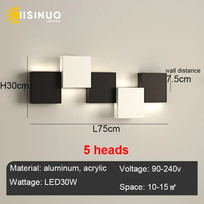 Modern black and white geometric led wall sconce with five square led light heads for living room decorbites geometric led