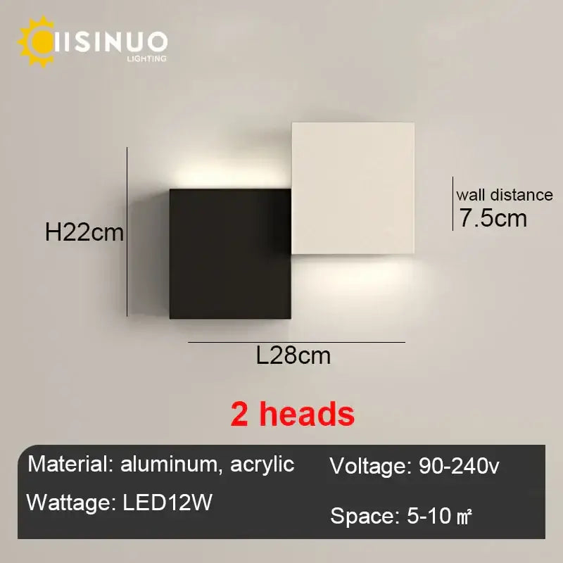 Modern black and white geometric led wall sconce with dual heads crafted from aluminum and acrylic for living room decorbites geometric led wall