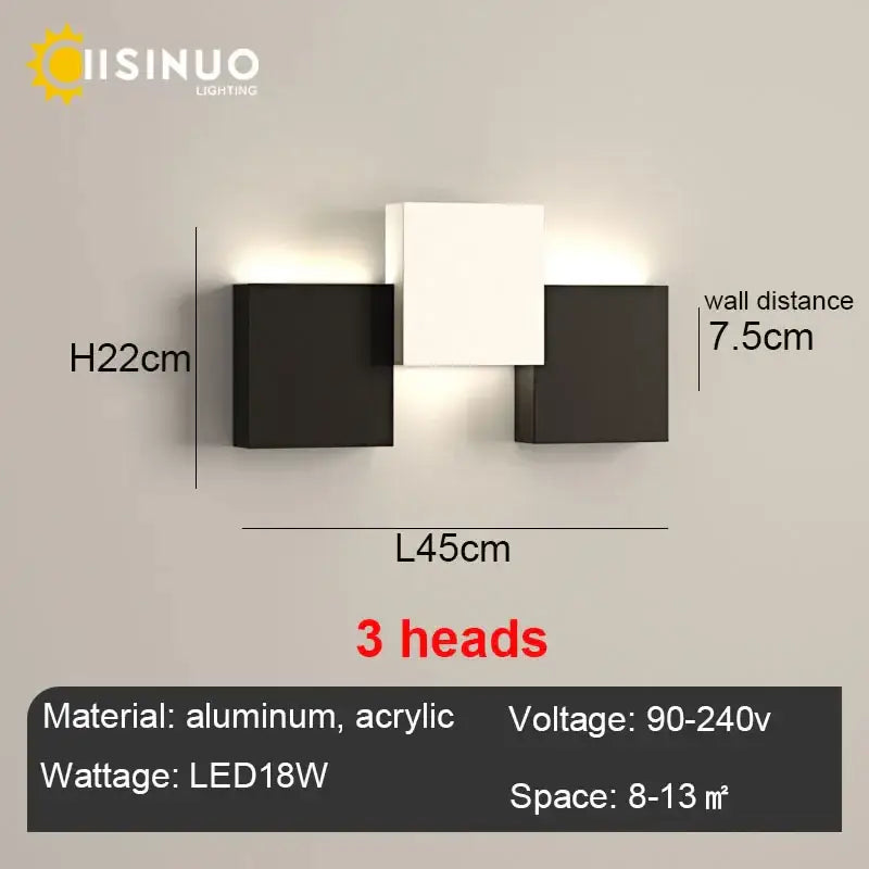 Modern black and white three-head aluminum and acrylic wall sconce decorbites geometric led wall for living room decor