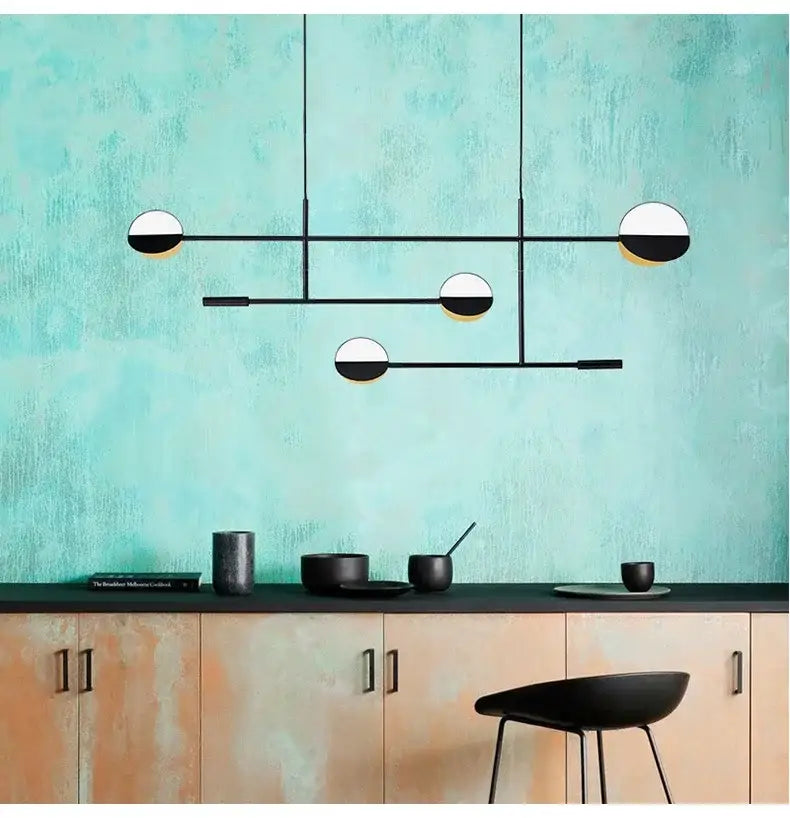 Modern black and white geometric line pendant lamp with spherical bulbs by decorbites for dining room decor
